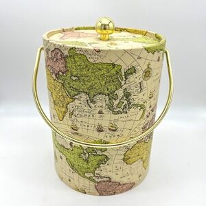 Mr Ice Bucket World Map 5 quart Gold Handle Lid Barware‎ Home Decor